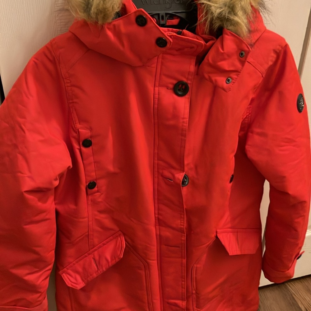 Red Winter Parka with Faux Fur Hood
